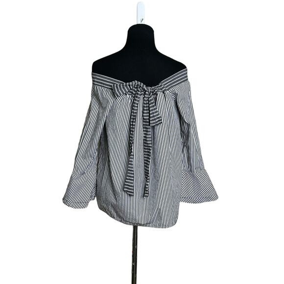 Loft gray white stripes off shoulder 3/4 sleeves blouse size small - Picture 7 of 13